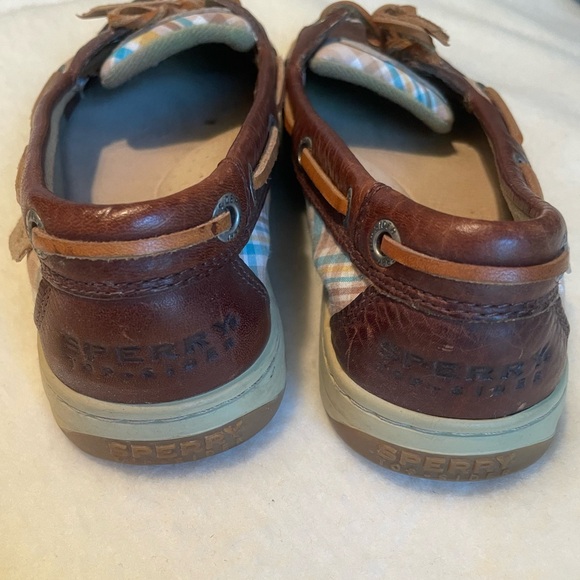 Sperry Topsiders Angelfish Boat Shoes - dark brown leather with blue & tan plaid - Picture 8 of 9